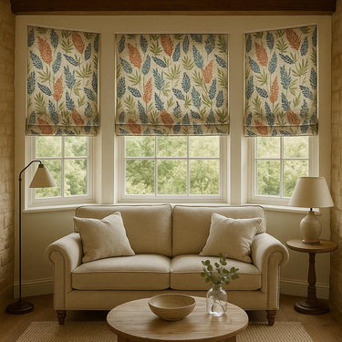 Made-to-measure botanical Roman blinds in organic floral cotton, ideal for cozy, sustainable living room decor